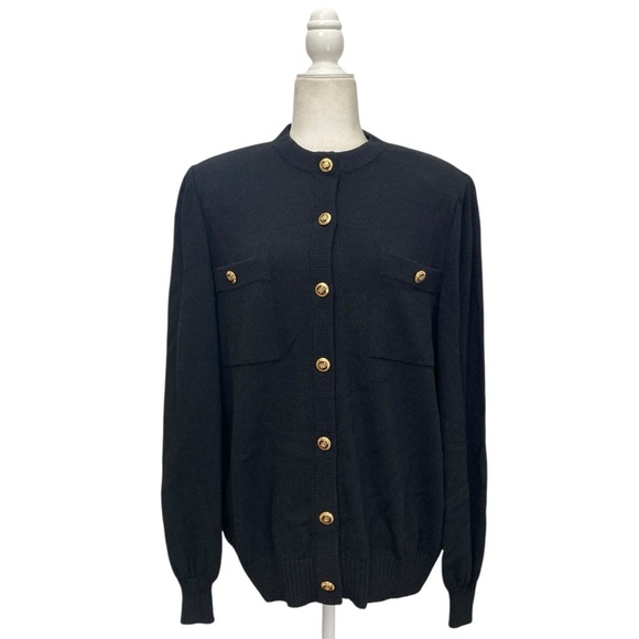 ST. JOHN Black Santana Knit Cardigan Sweater Jacket Insignia Crest Gold Buttons - Picture 2 of 10